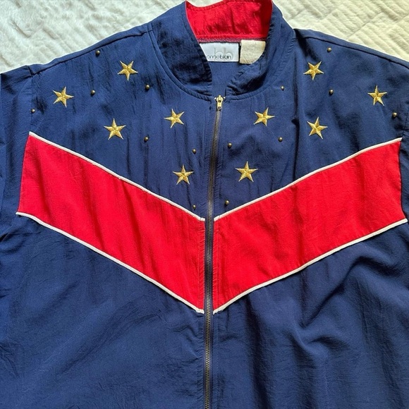 Vintage 1990s Navy Windbreaker Bomber Jacket with Red Chevron & Gold Stars L - Picture 2 of 6